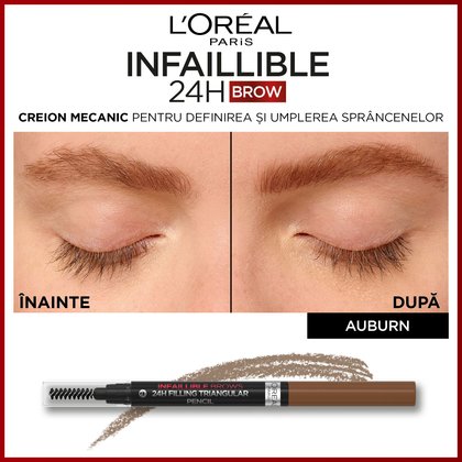 Infaillible Brow 24H Triangular Auburn inainte si dupa