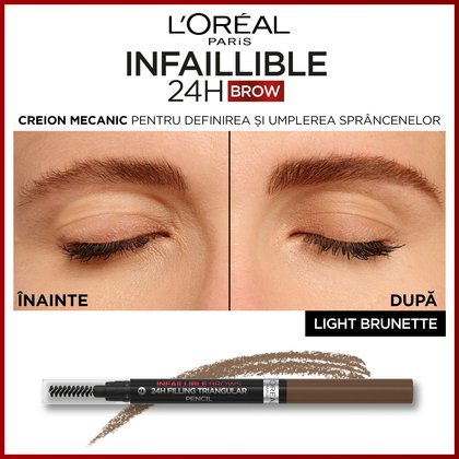 Creion de sprâcene Infaillible Brow 24H Triangular light brunette inainte si dupa